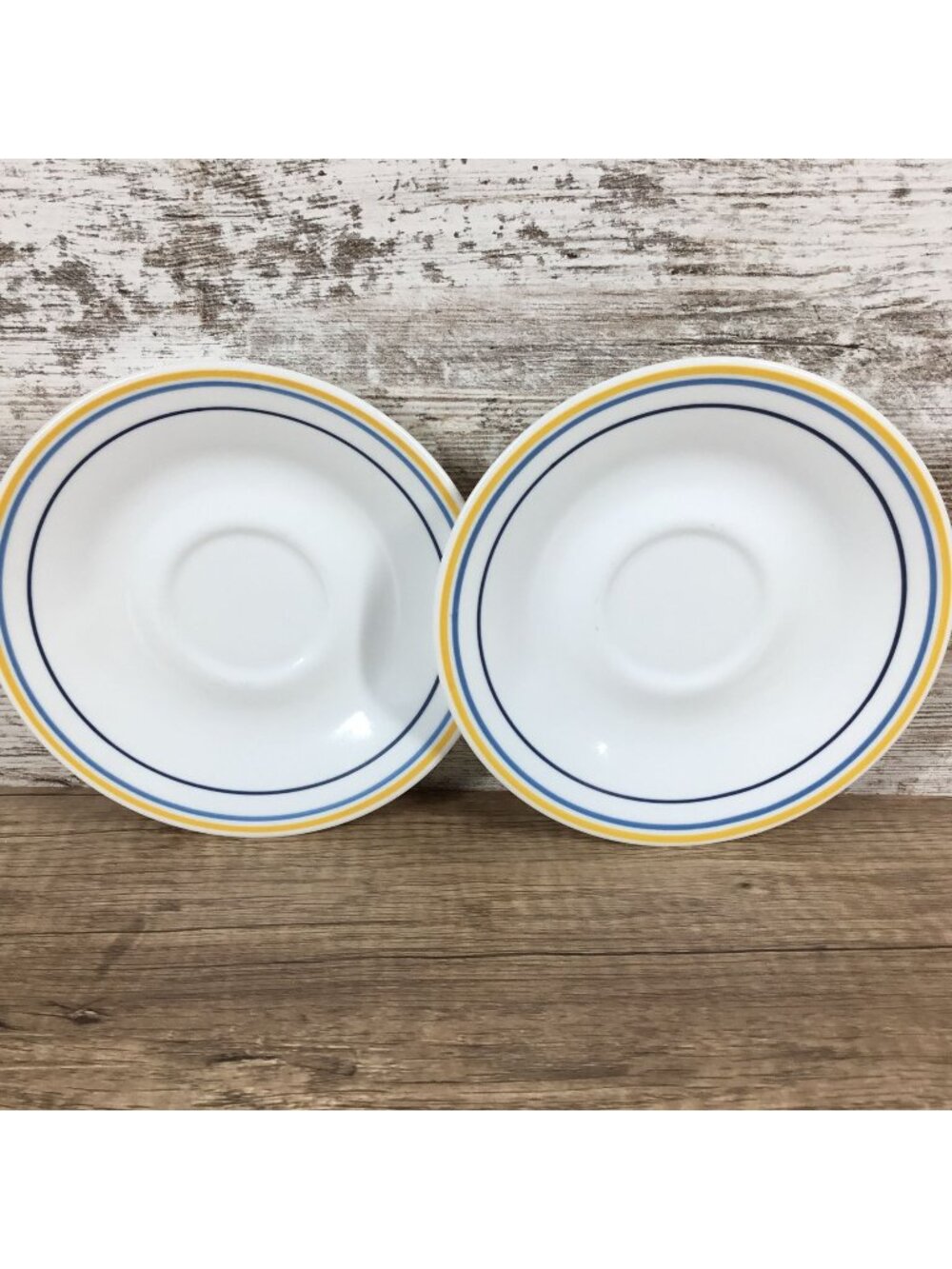 Corelle Casa Flora Yellow and Blue Three Ring Saucers 6 1/4”, Set Of Two